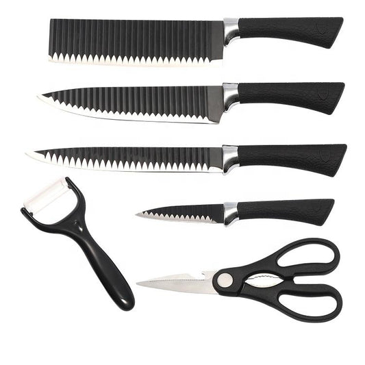 Wukusy 6-piece stainless steel knife set with chef peeler and scissors for home and kitchen use.