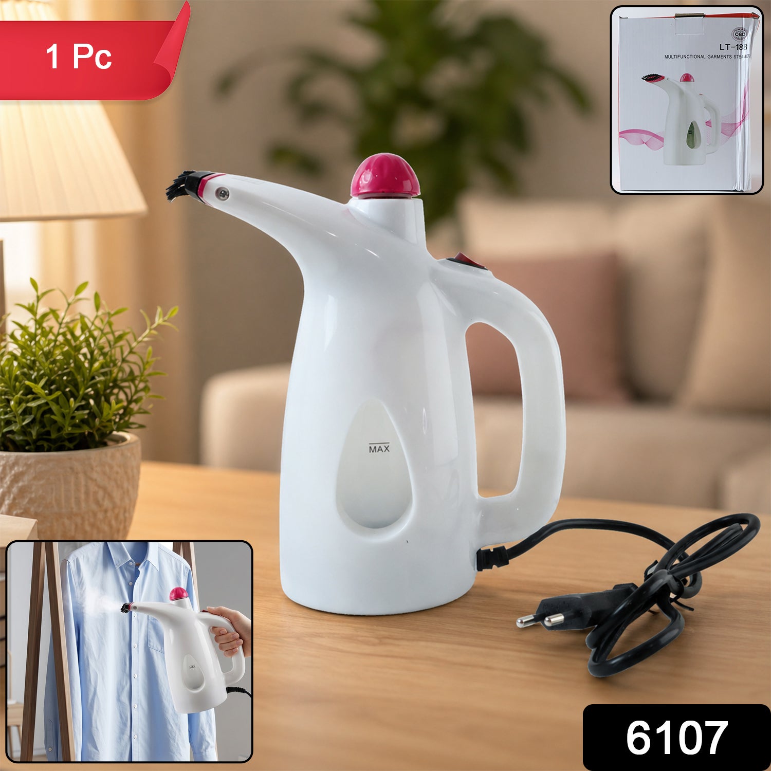 Wukusy multi-functional garment steamer with 200ml water capacity, shown steaming a lightweight fabric for wrinkle removal.