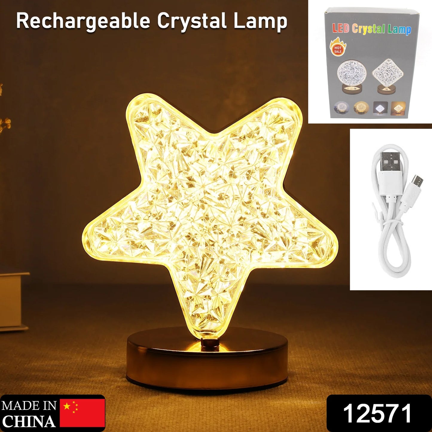 Wukusy star-shaped crystal diamond cordless nightstand lamp with USB recharge, 3-way dimmable touch control for bedroom or living room.