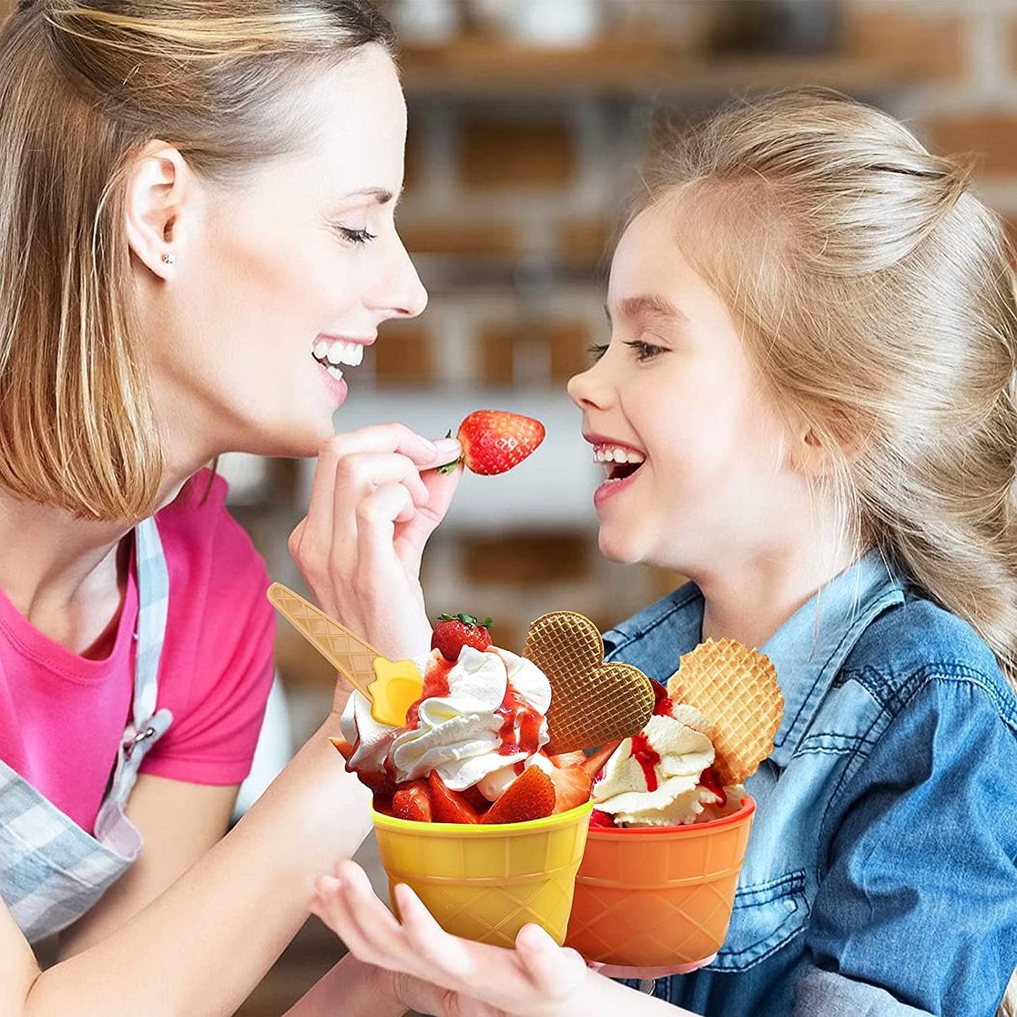 Wukusy 12-piece set of colorful plastic ice cream bowls with spoons, ideal for serving ice cream or desserts.