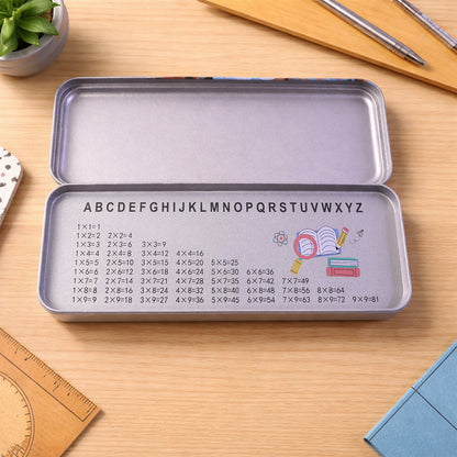 Wukusy multipurpose printed metal pencil box with colorful design for storing pens, pencils, and stationery items.
