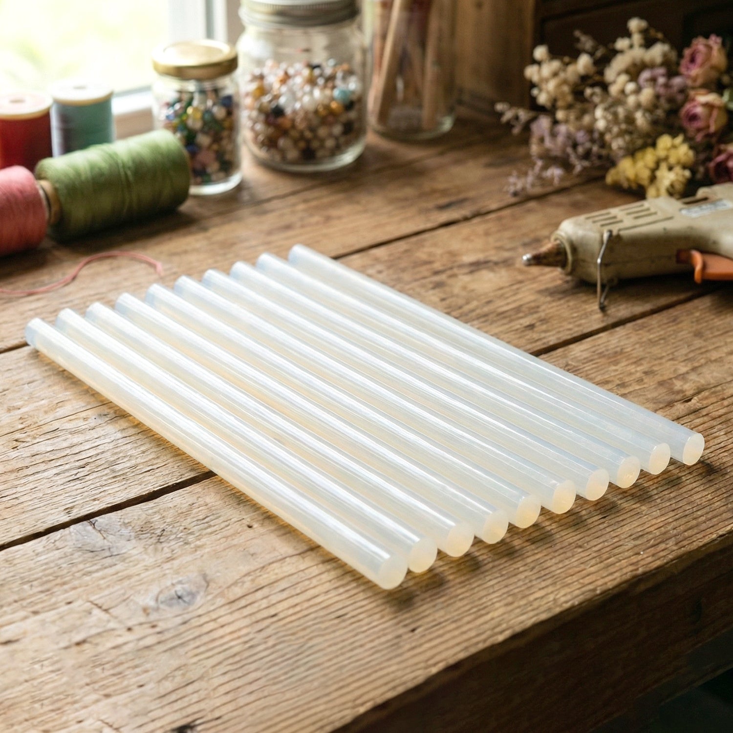 Wukusy heavy duty hot melt glue sticks in a 10-pack, 29 cm length, suitable for strong adhesive bonding in crafts and DIY projects.
