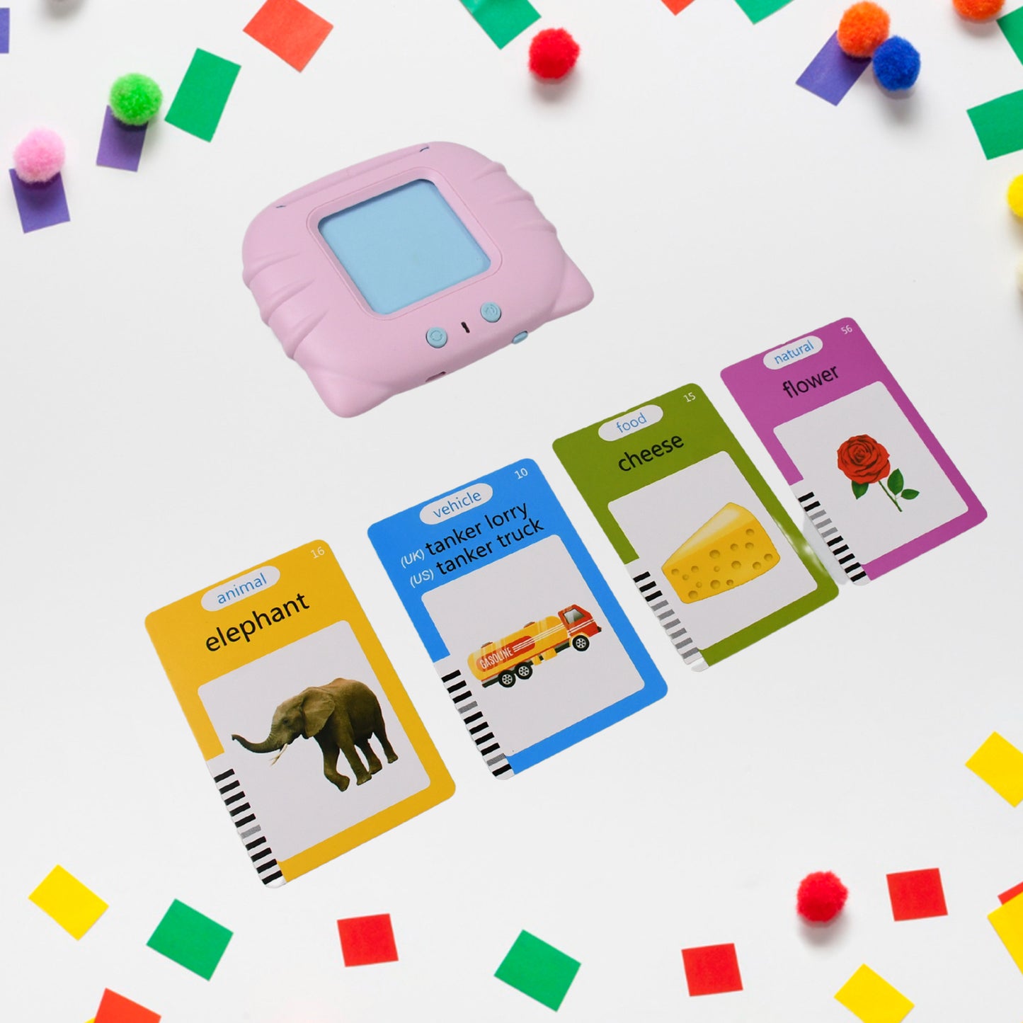 Wukusy preschool learning toys flash cards with colorful images and English words for kids, featuring 224 words for educational play.