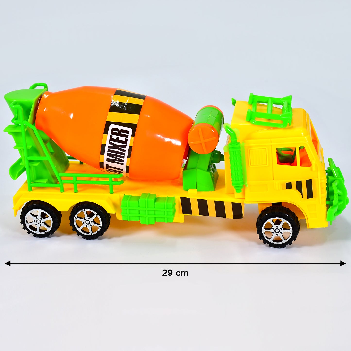 Wukusy 4441 Cement Mixer Truck pushback toy for kids, colorful plastic construction vehicle with rotating drum and realistic details.