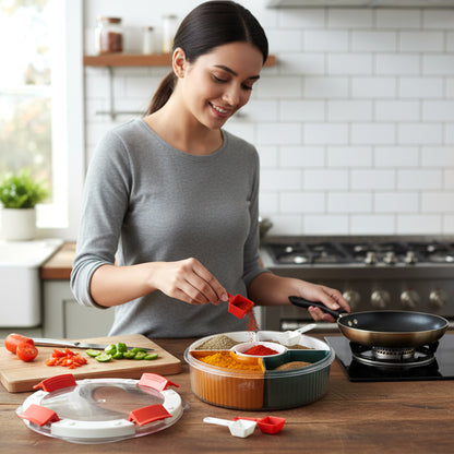 Plastic 5-compartment spice storage box with spoons by Wukusy, featuring clear sections for organized spice storage and easy access.