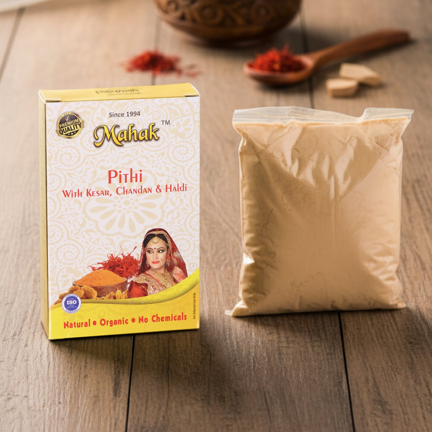 Traditional Wukusy Mahak Pithi for face and body, 100g, with natural herbal ingredients in a compact white powder form.