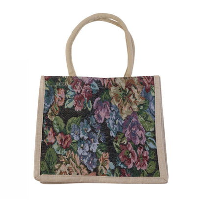 Wukusy floral print carry hand bag, 29x33cm, with colorful floral design, versatile for everyday use, shown in the image.