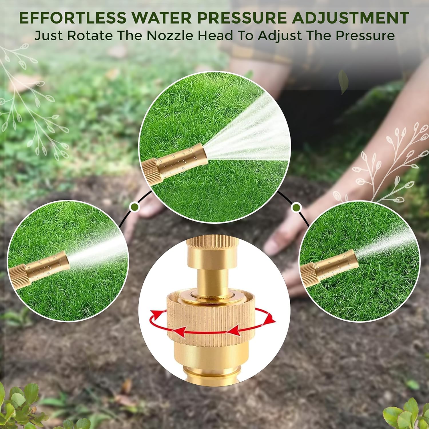 Wukusy heavy-duty brass garden hose spray nozzle set with adjustable spray patterns and ergonomic handle for watering gardens.