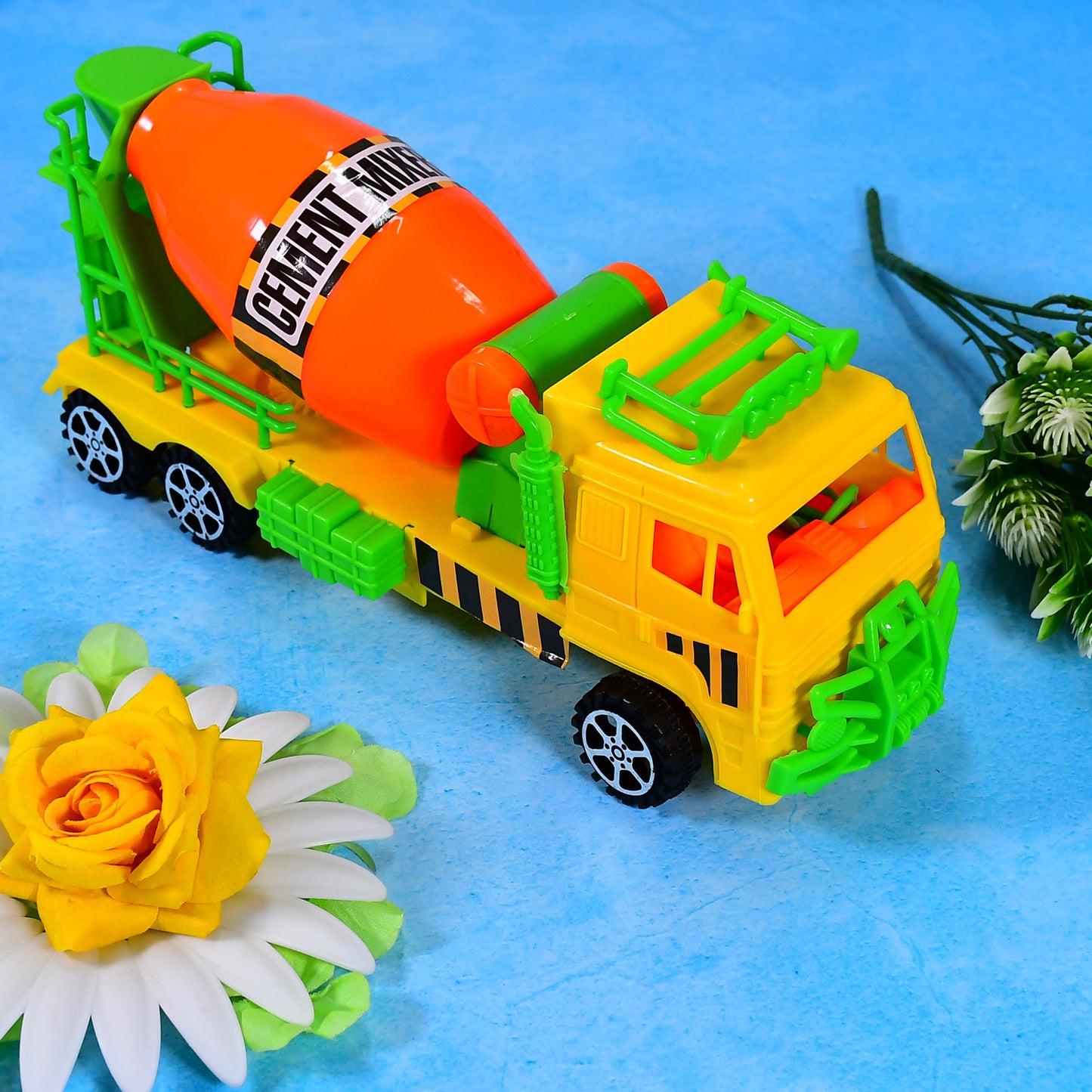 Wukusy cement mixer truck pushback toy for kids, durable plastic construction with colorful details and realistic design.