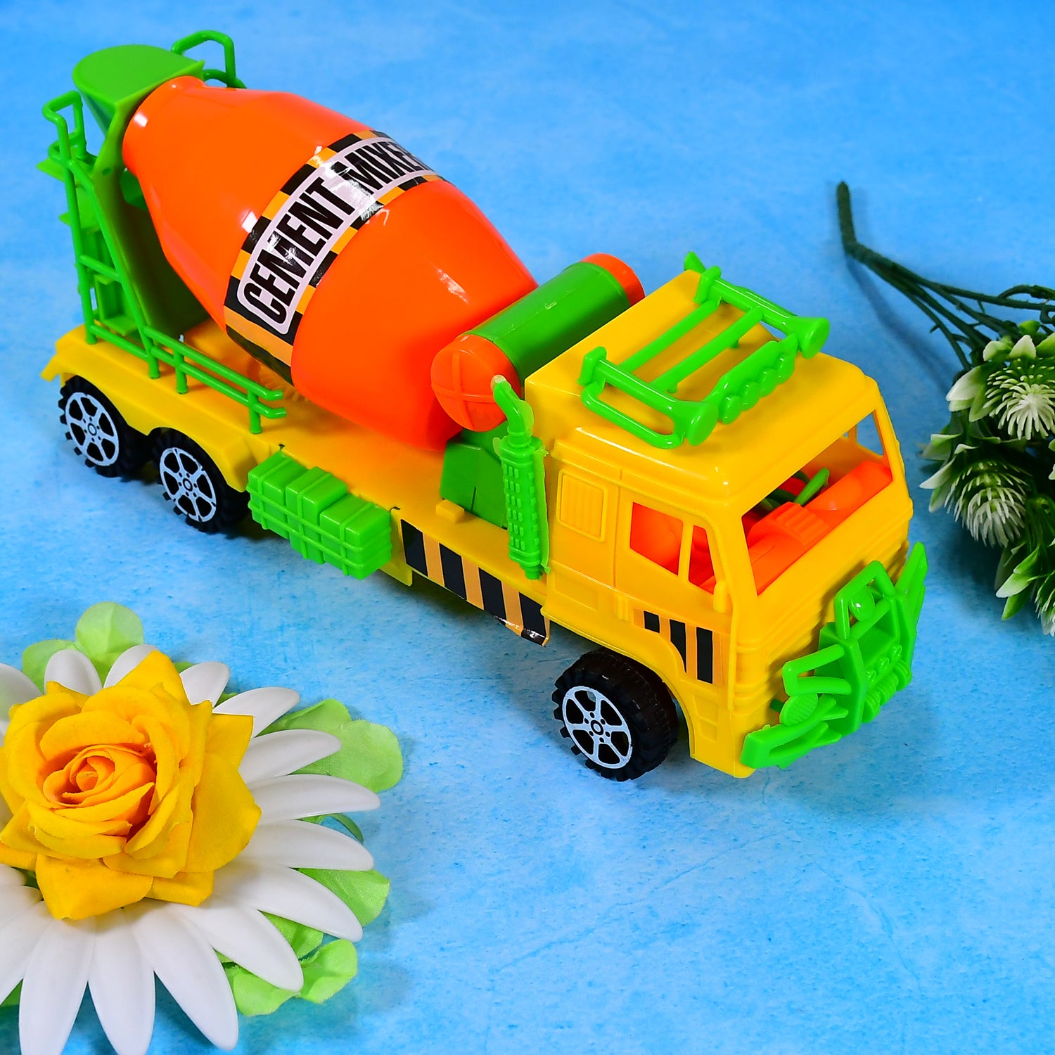 Wukusy cement mixer truck pushback toy for kids, durable plastic construction with colorful details and realistic design.