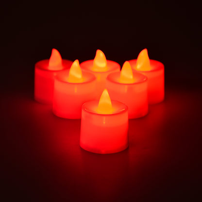 Set of 24 Wukusy red flameless LED tealights, smokeless plastic candles for home decor, safe decorative lighting.