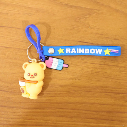 Cute bear cartoon keychain with rainbow strap by Wukusy, featuring a adorable bear design on a colorful keyring.