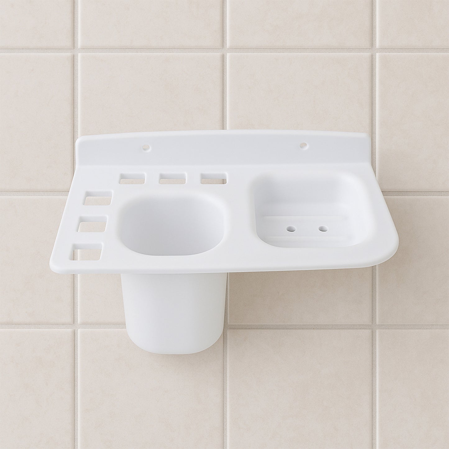 Wukusy 3-in-1 wall-mounted multi-compartment toothbrush and soap holder with cup for bathroom organization and storage.