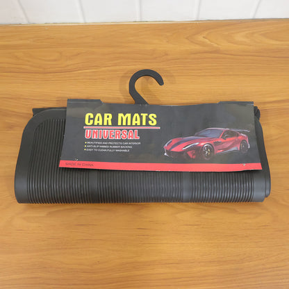 Set of four Wukusy universal car floor mats showing textured rubber surfaces and raised edges for all-weather protection.