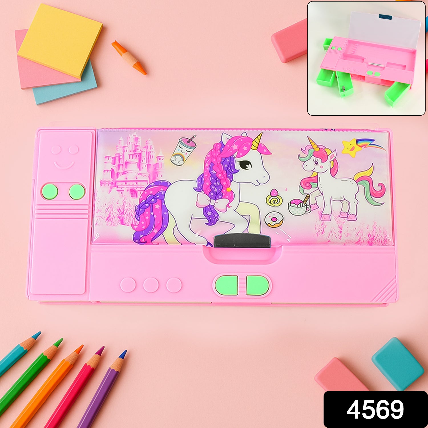 Wukusy jumbo pencil box with compass, calculator, and dual side slots for school, travel, and studio use, featuring multiple compartments.