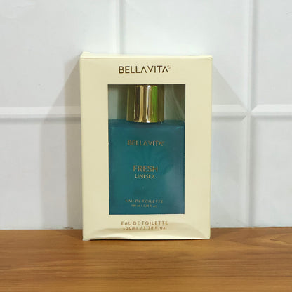 Bellavita Premium Fresh Unisex Eau De Toilette perfume bottle, 100ml, by Wukusy, with sleek transparent glass and minimalist design.