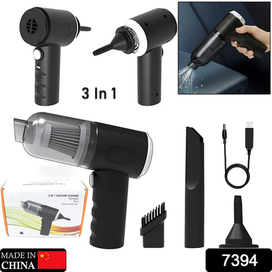 Wukusy 3-in-1 portable car vacuum cleaner with high-power suction, handheld design, wireless, and dusting/blowing capabilities.