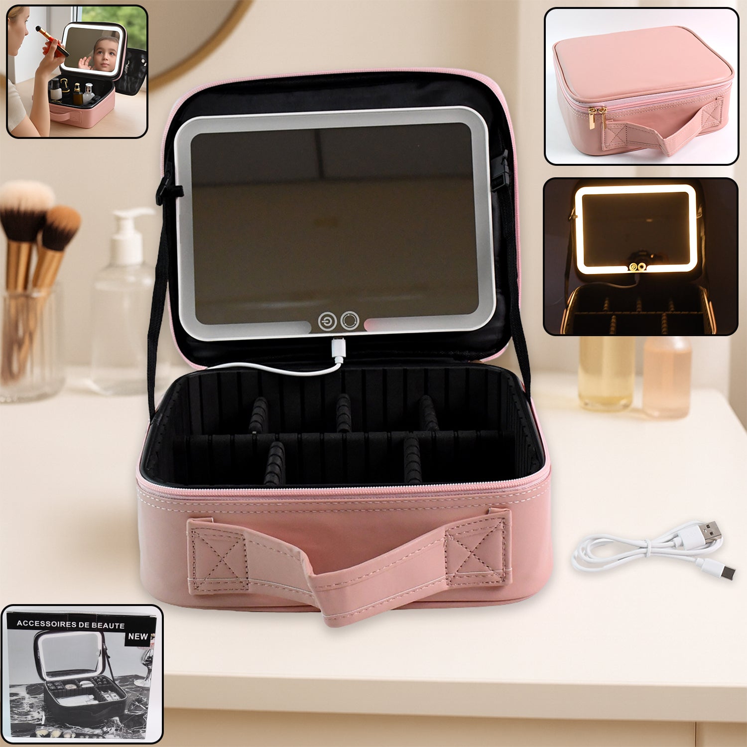 Pink Wukusy LED light makeup organizer box with multiple compartments for cosmetics and beauty tools.