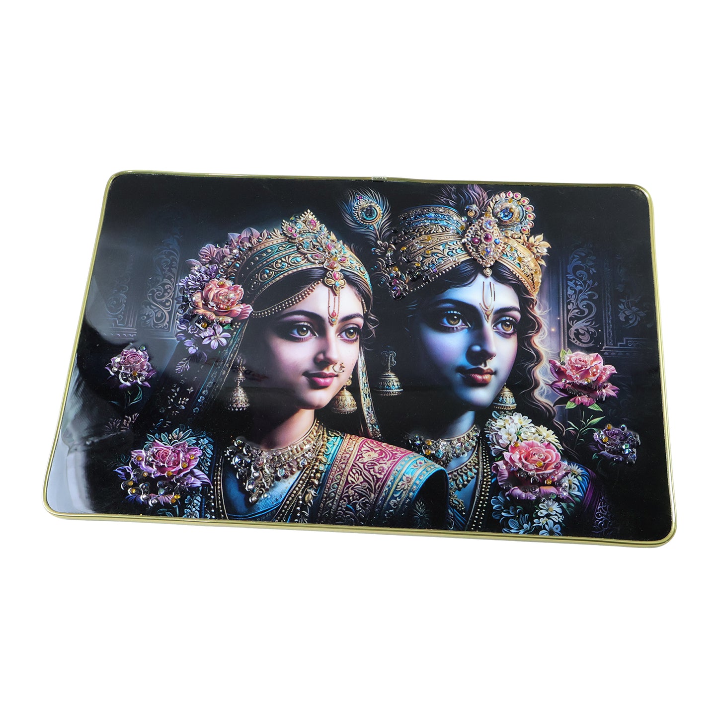 Decorative Radha Krishna wall painting frame by Wukusy, 45x30 cm, featuring intricate artwork of Hindu deities on a framed canvas.