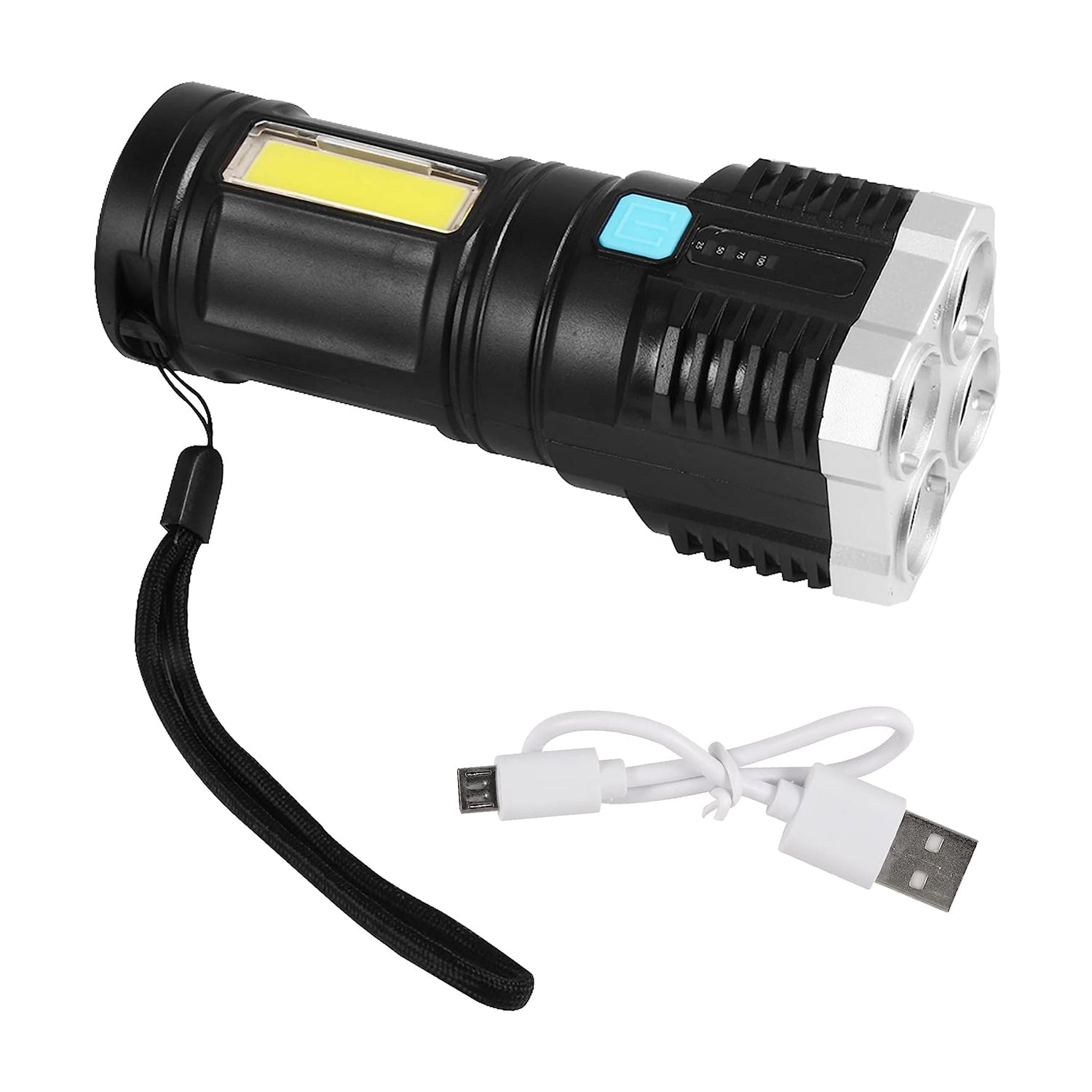 Wukusy 4 LED rechargeable torch light with long-distance beam, cob light, 4 modes, suitable for camping, hiking, and emergency use.