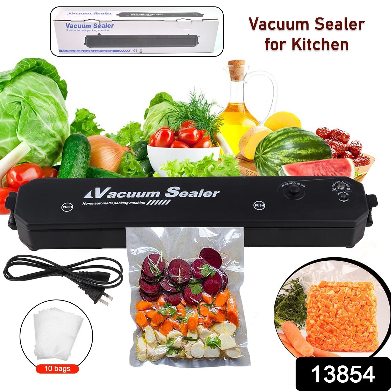 Wukusy vacuum sealer machine with 10 sealing bags for home kitchen food preservation, shown with the device and bags in use.