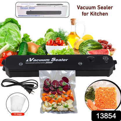 Wukusy vacuum sealer machine with 10 sealing bags for home kitchen food preservation, shown with the device and bags in use.