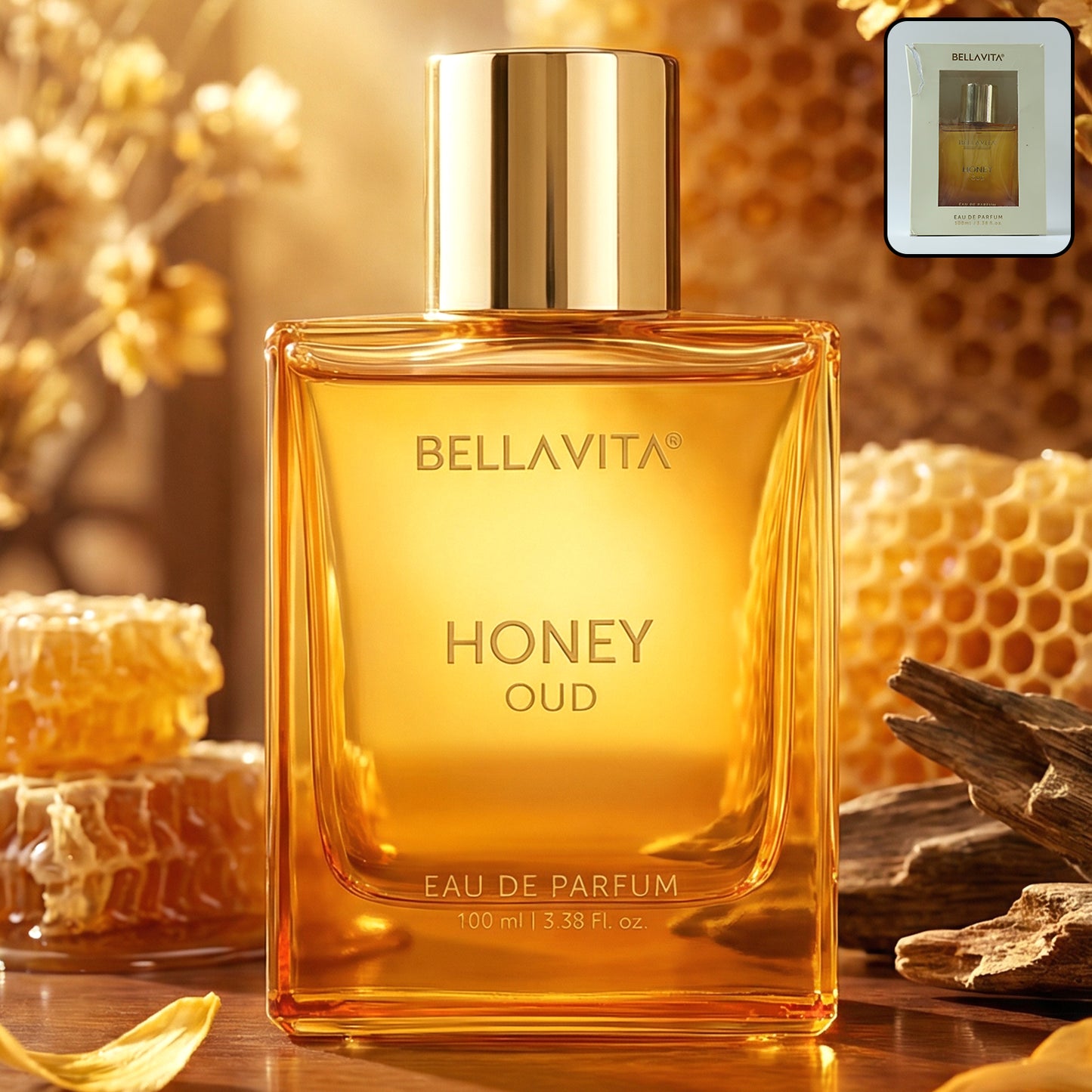 Bellavita Premium Honey Oud perfume by Wukusy, 100ml bottle with elegant packaging and a luxurious, warm fragrance display