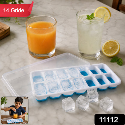 Wukusy multipurpose plastic ice cube tray with lid, 14-grid design for easy ice cube storage and freezing.