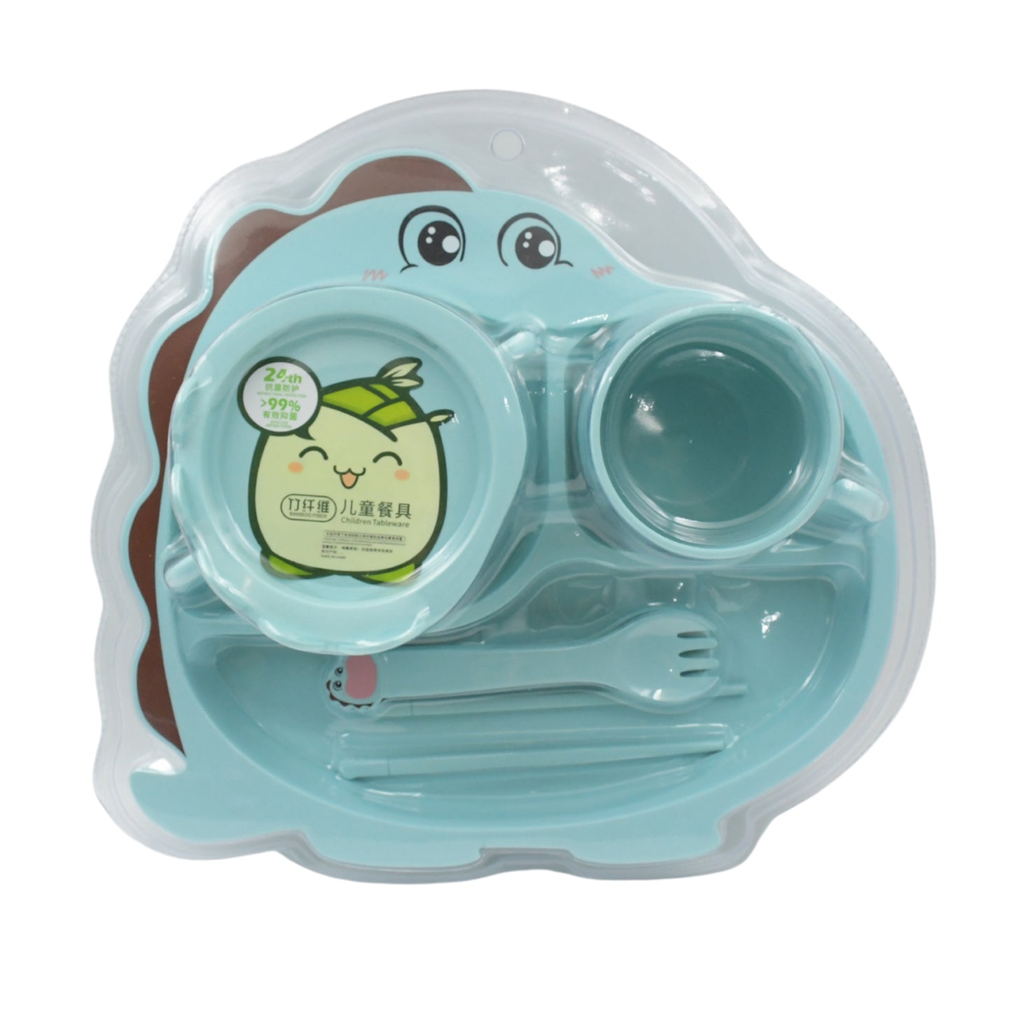 Wukusy bamboo fiber baby feeding set with cartoon design plate, cup, spoon, fork, chopsticks, and cutlery for kids and toddlers