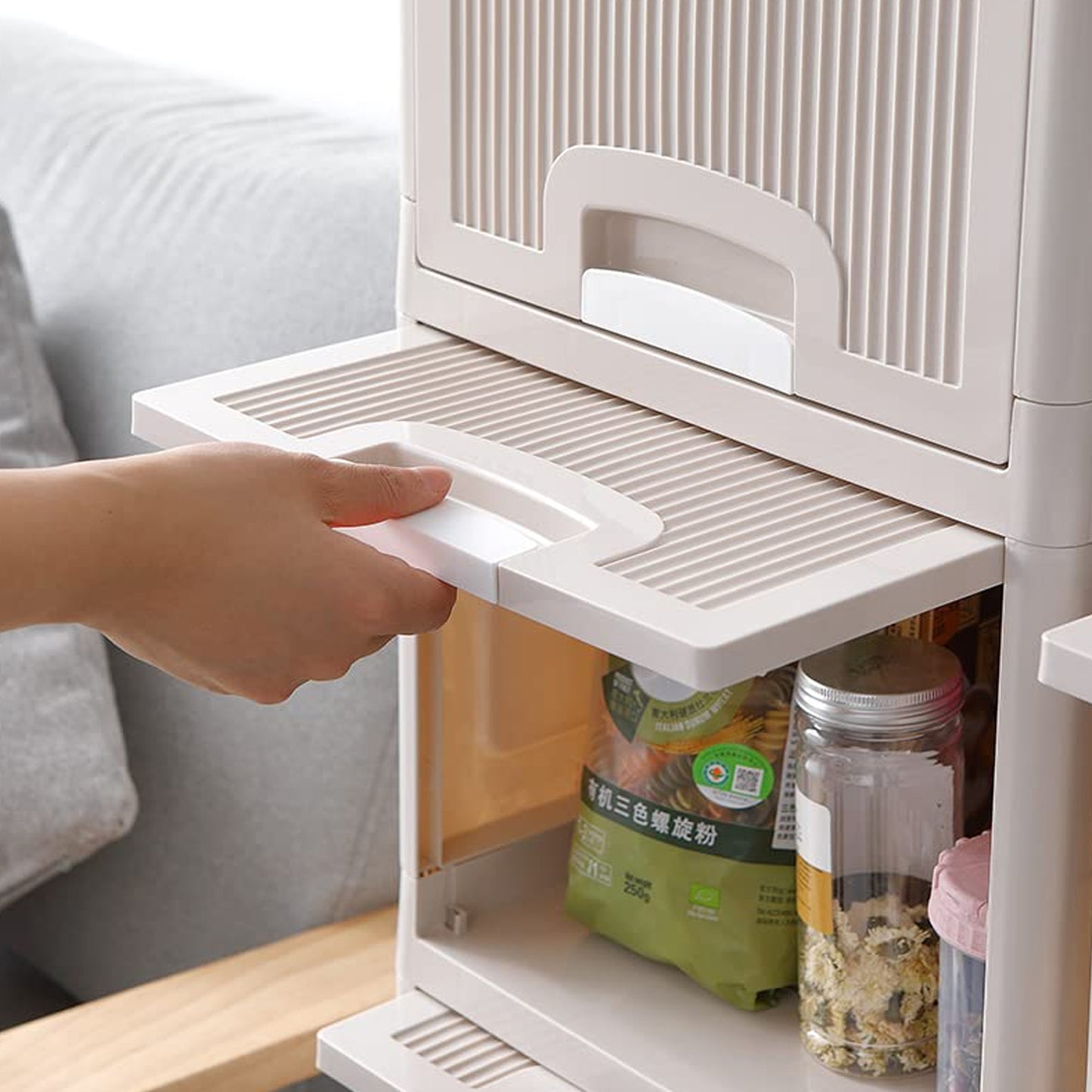 Wukusy 4-layer plastic storage cabinet with foldable drawers, ideal for kitchen, bathroom, or bedroom organization.