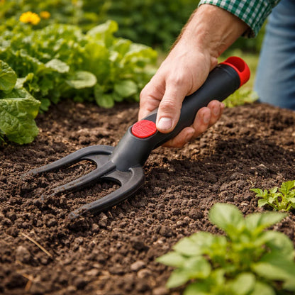 Wukusy 4-piece garden hand tool set with trowel, transplanter, weeder, and pruners on a wooden surface.