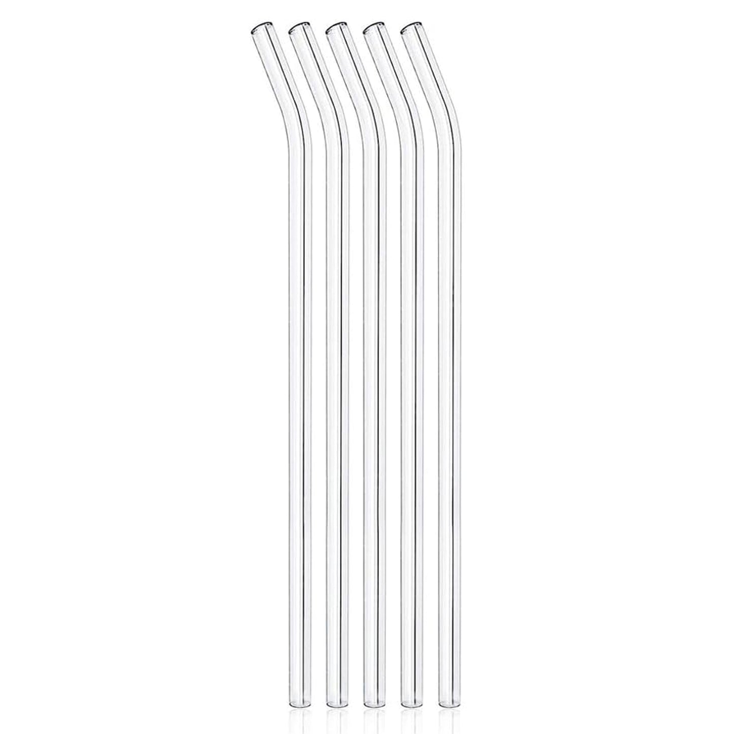 Set of five clear reusable plastic glass straws from Wukusy, suitable for drinking beverages in a modern kitchen setting.