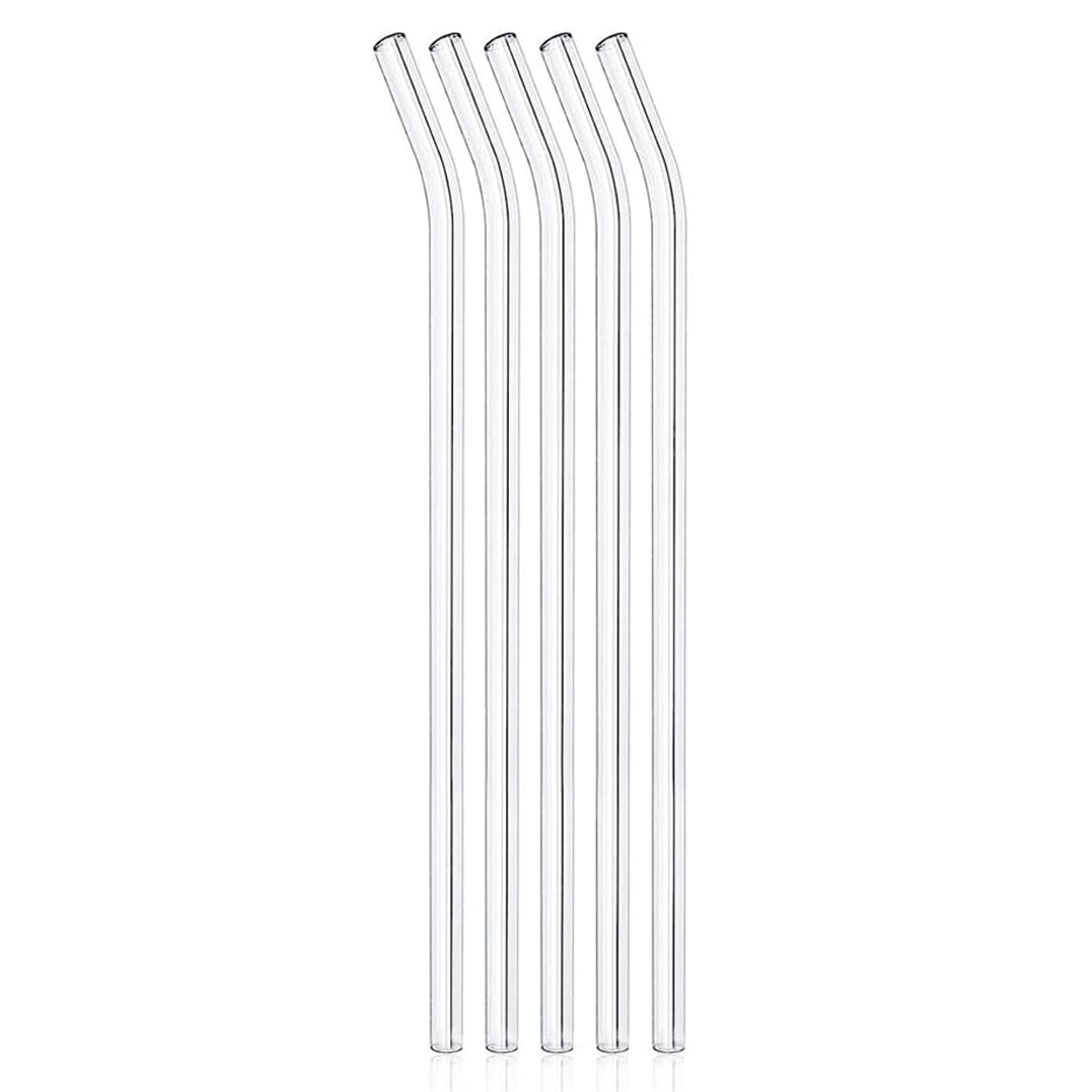 Set of five clear reusable plastic glass straws from Wukusy, suitable for drinking beverages in a modern kitchen setting.