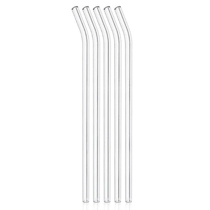 Set of five clear reusable plastic glass straws from Wukusy, suitable for drinking beverages in a modern kitchen setting.