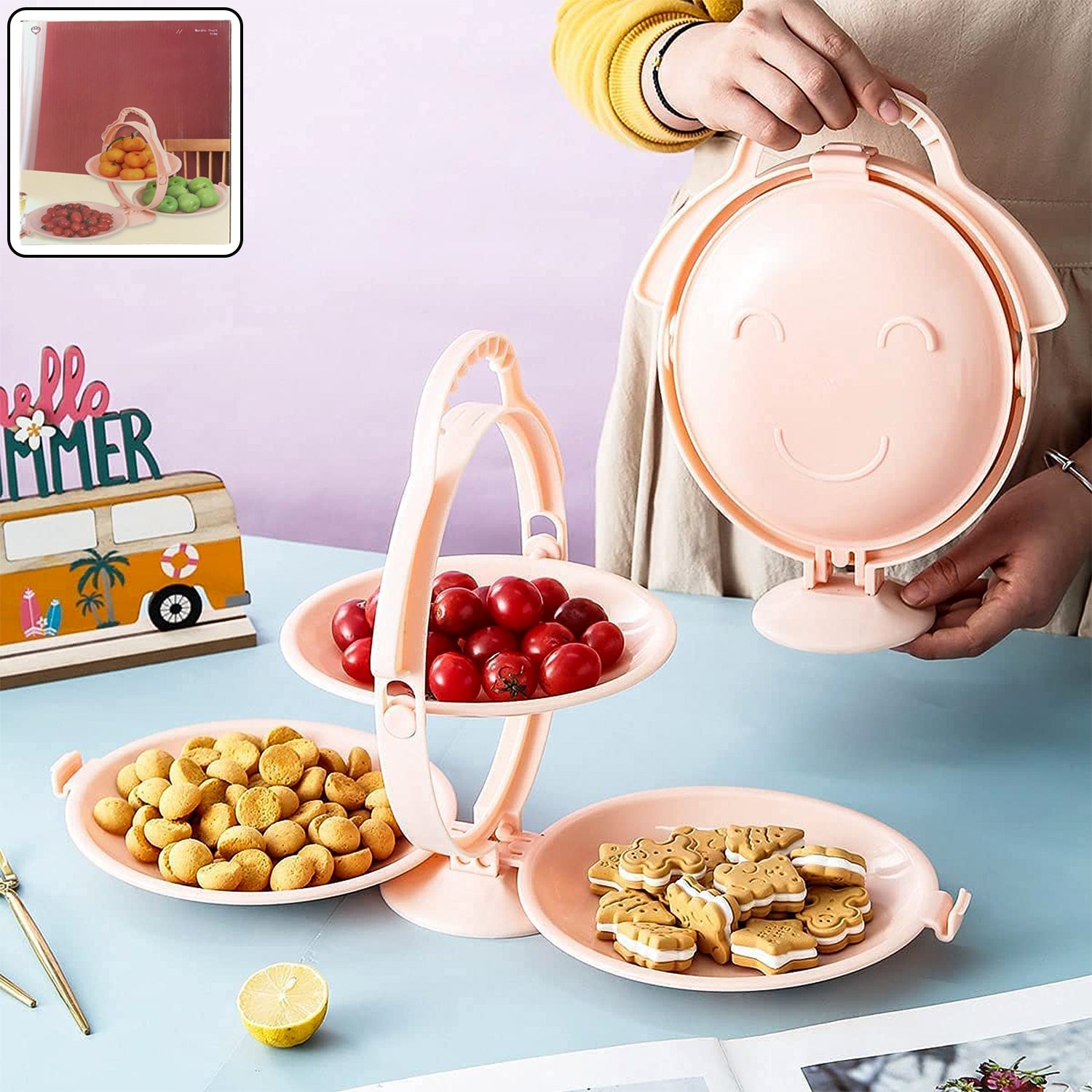 Wukusy 3-layer foldable snack and fruit dessert serving stand with multiple tiers and vibrant design, for organizing treats.