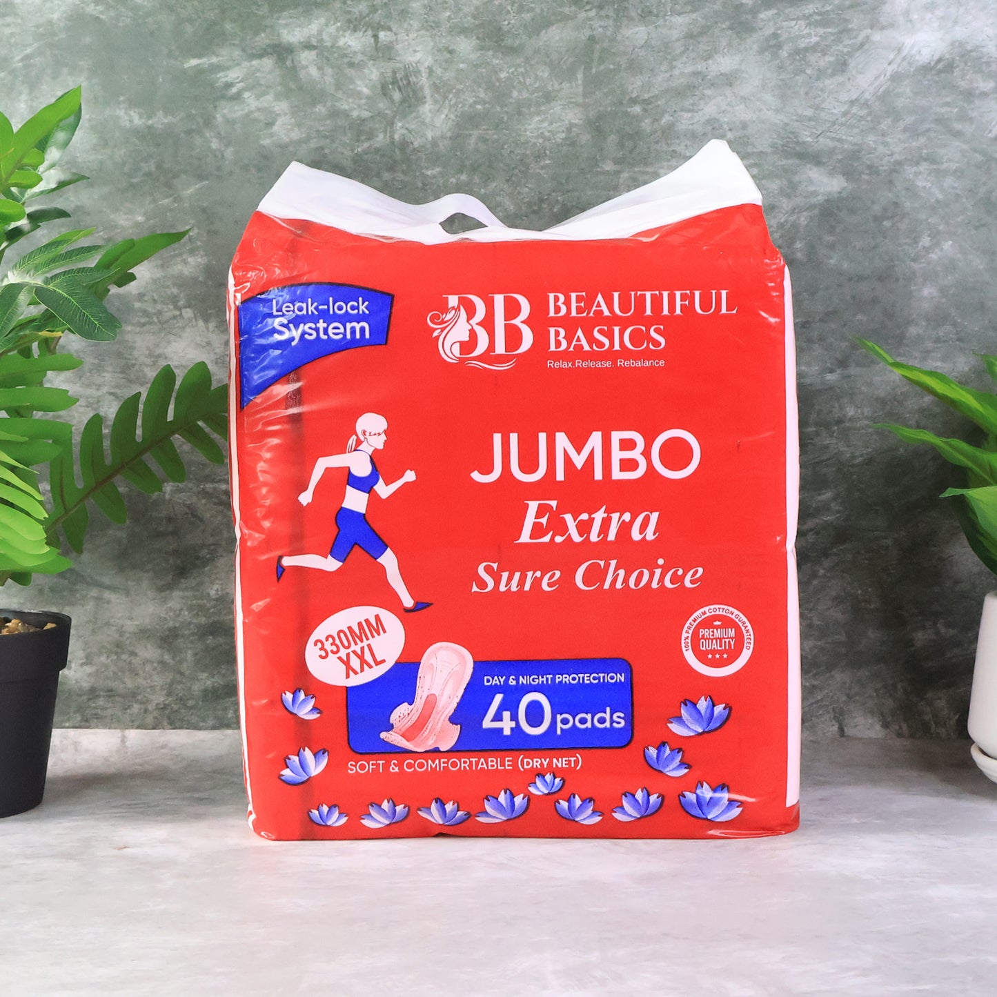 Wukusy Beautiful Basics Jumbo Extra Sure Choice sanitary pads XXL 330mm, pack of 40, for reliable health care protection
