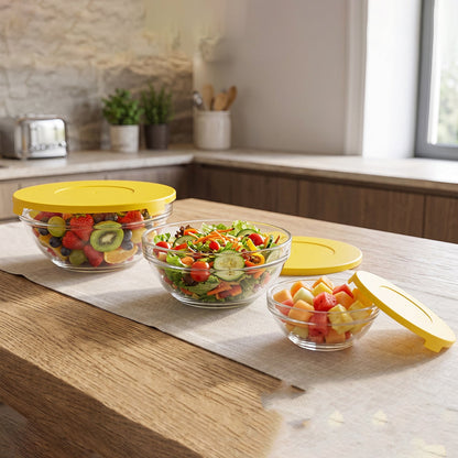 Wukusy glass bowl set with lids for versatile kitchen storage and serving, featuring clear glass bowls with matching lids.