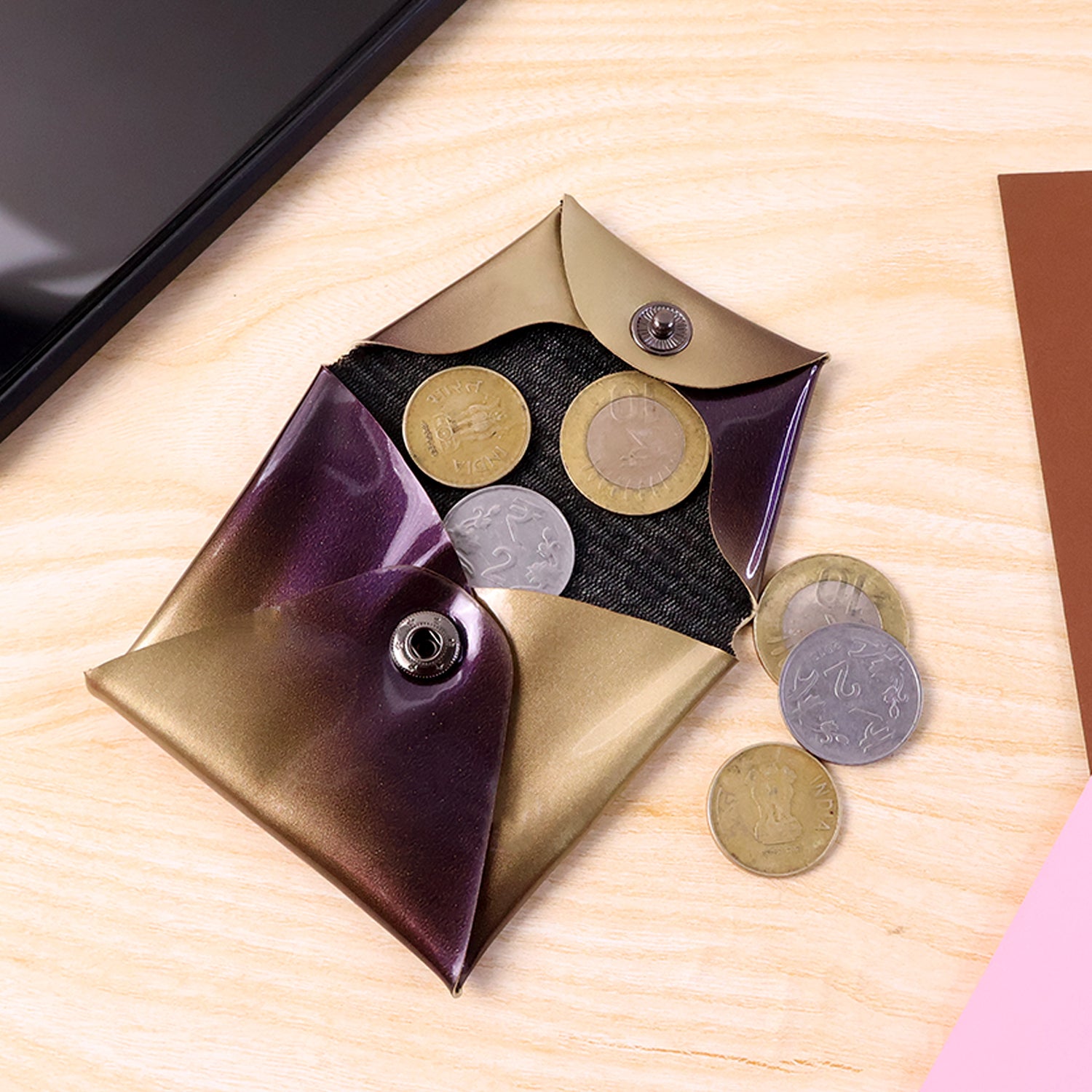 Wukusy premium foldable PU leather coin pouch with snap closure, compact and stylish for storing coins and small items.