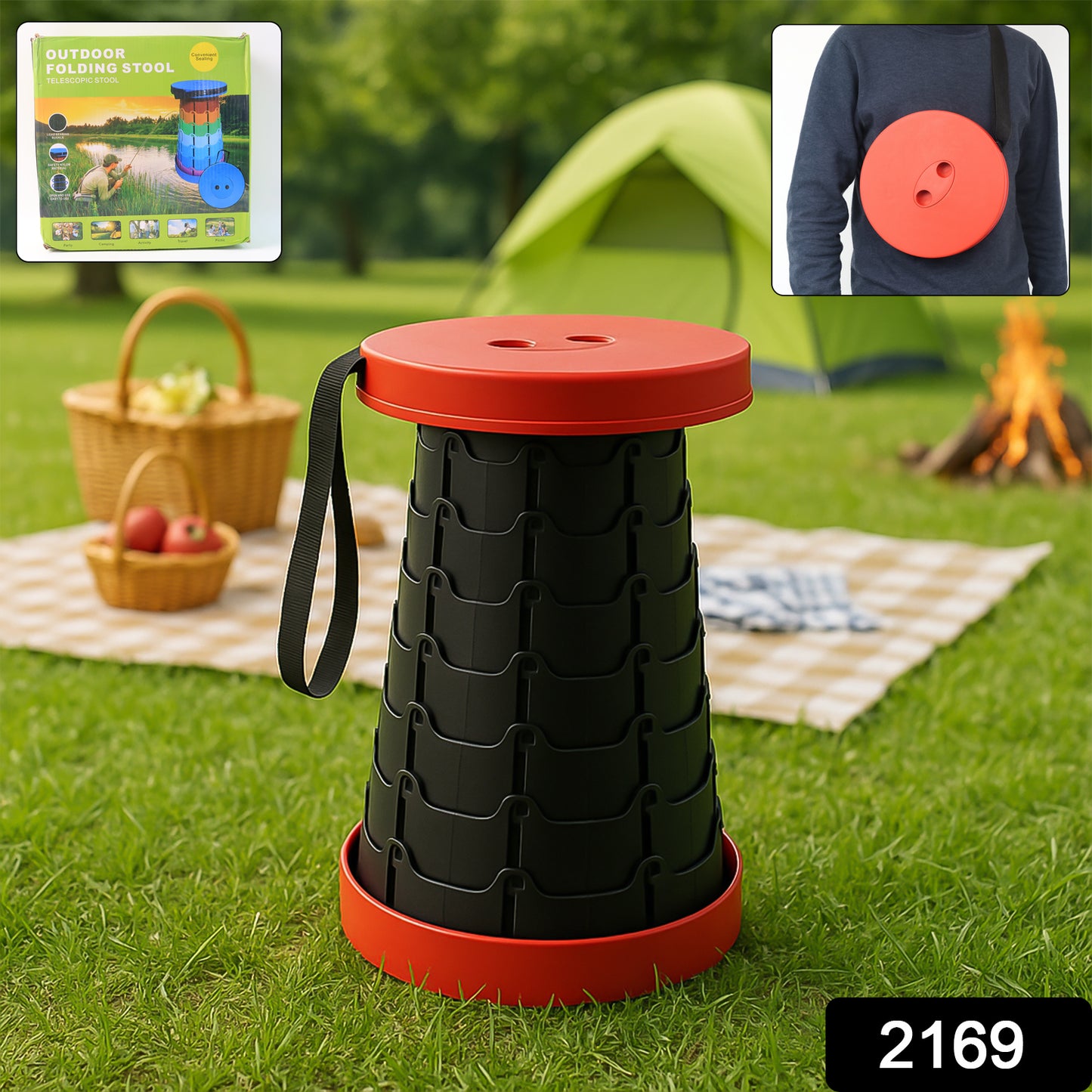 Wukusy adjustable portable telescopic folding stool for home improvement, showing its compact, foldable design and sturdy legs.