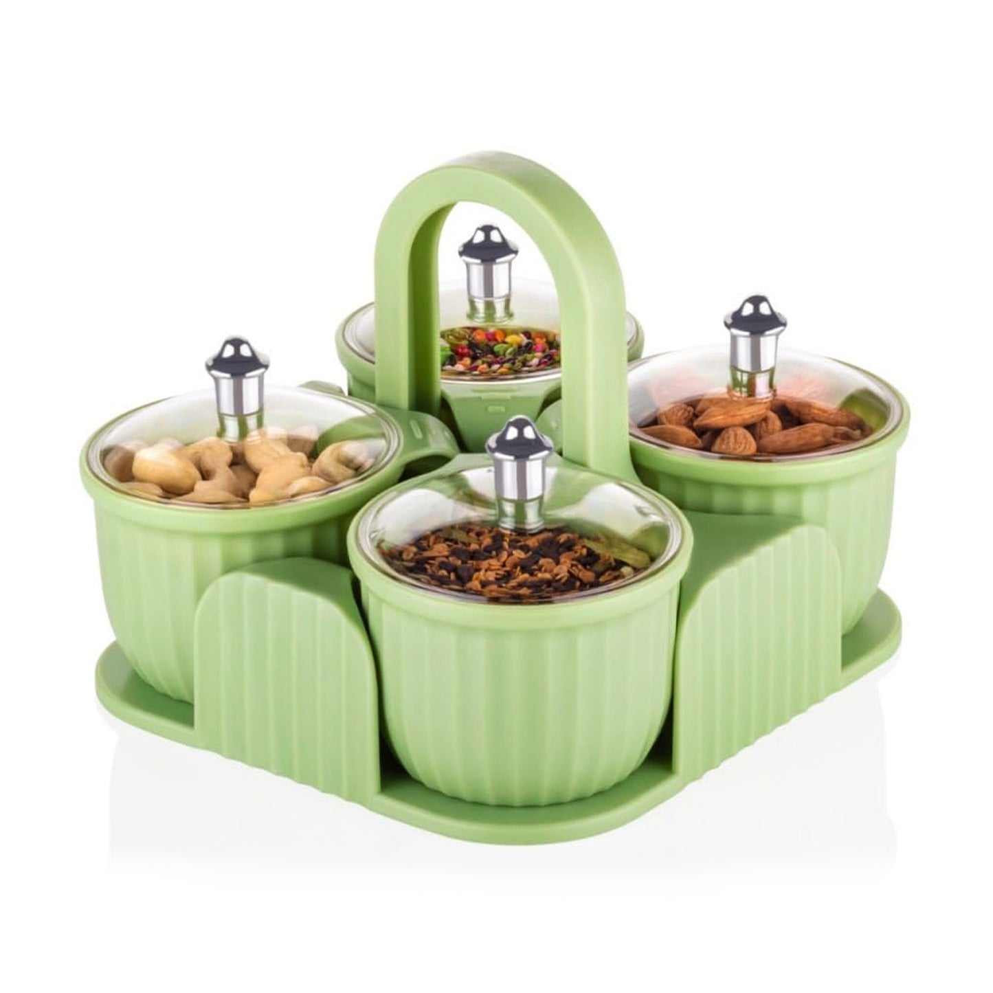 Wukusy 4-piece plastic dry fruit and spice storage jar set with airtight lids, suitable for candies, chocolates, and snacks.