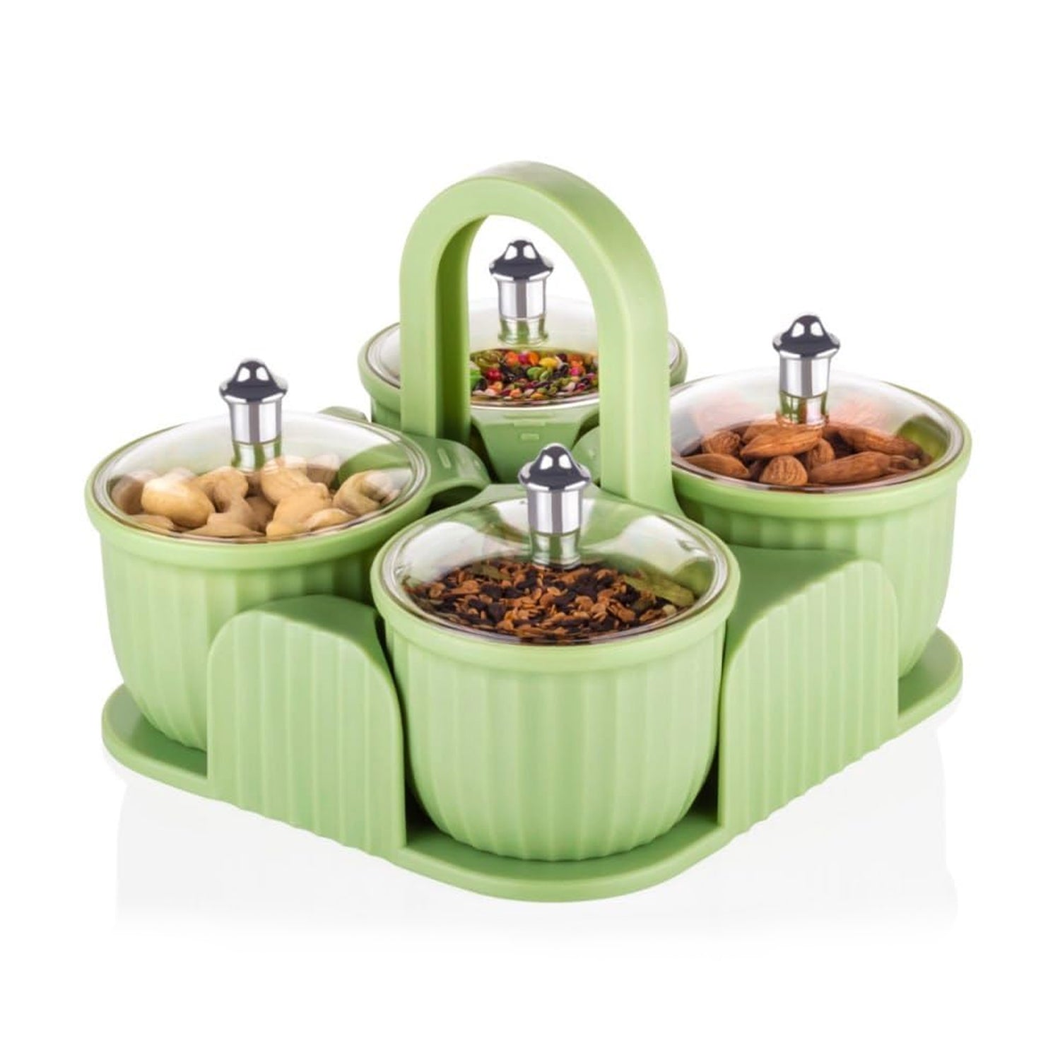 Wukusy 4-piece plastic dry fruit and spice storage jar set with airtight lids, suitable for candies, chocolates, and snacks.