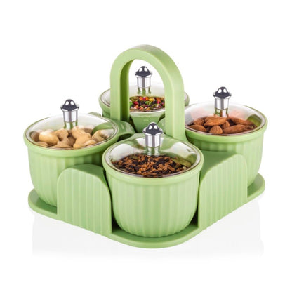 Wukusy 4-piece plastic dry fruit and spice storage jar set with airtight lids, suitable for candies, chocolates, and snacks.