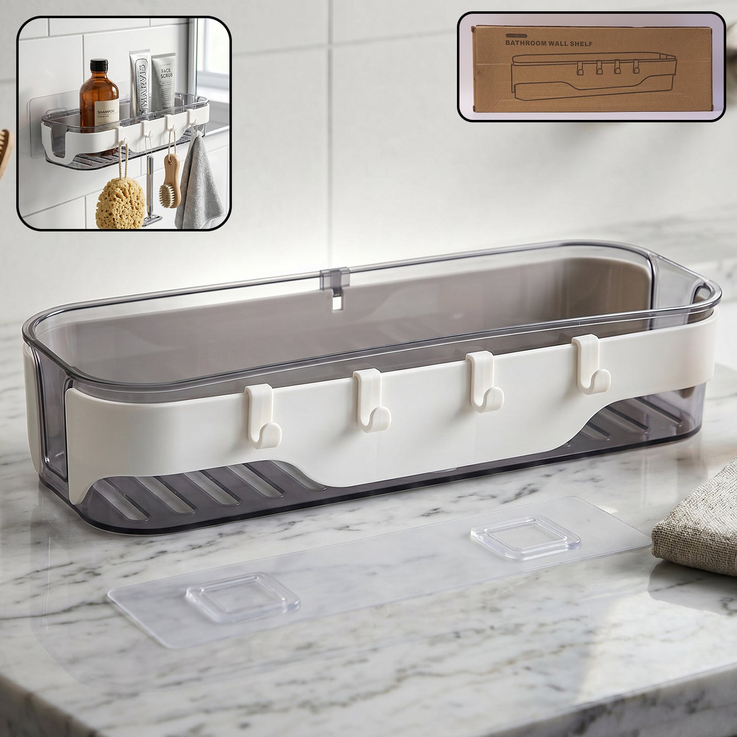 Wukusy stylish bathroom wall shelf with hooks, multi-purpose storage organizer for bathroom or home use, mounted on a wall.