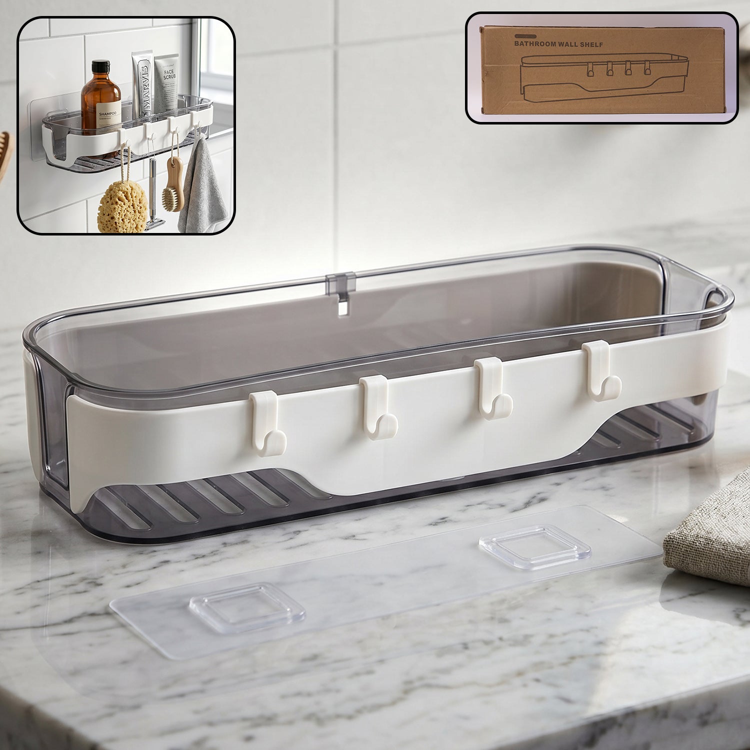 Wukusy stylish bathroom wall shelf with hooks, multi-purpose storage organizer for bathroom or home use, mounted on a wall.