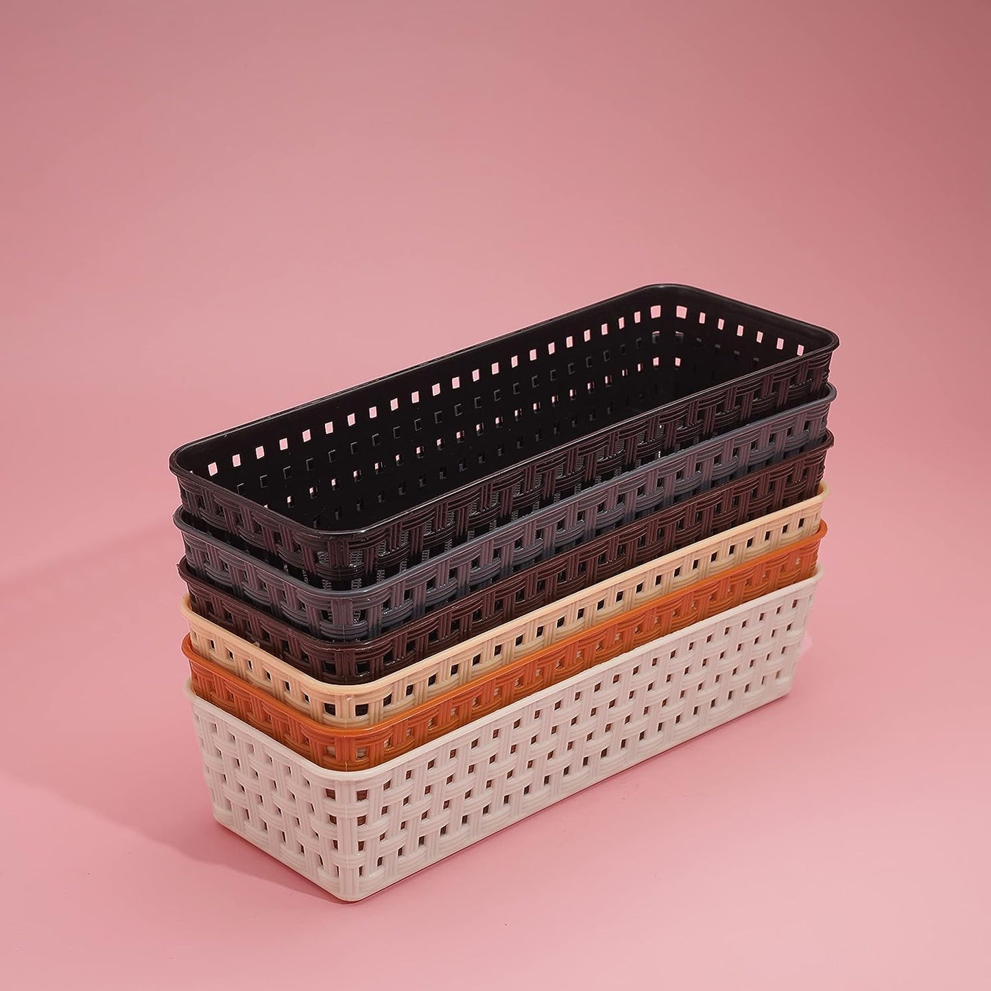 Set of 6 Wukusy plastic desk organizer trays with colorful dividers for office, kitchen, bathroom, makeup, and craft storage.