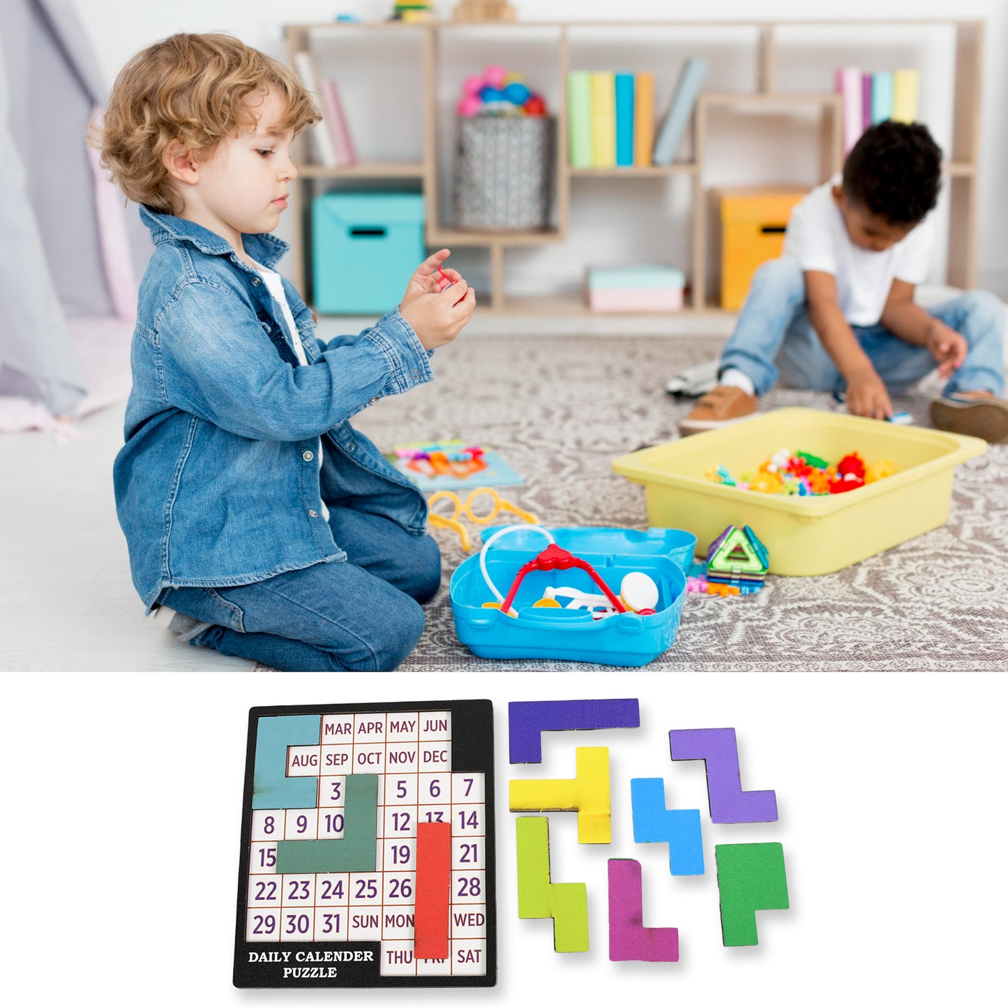 Colorful Wukusy wooden daily calendar puzzle toy with interlocking pieces for educational play and daily date organization.