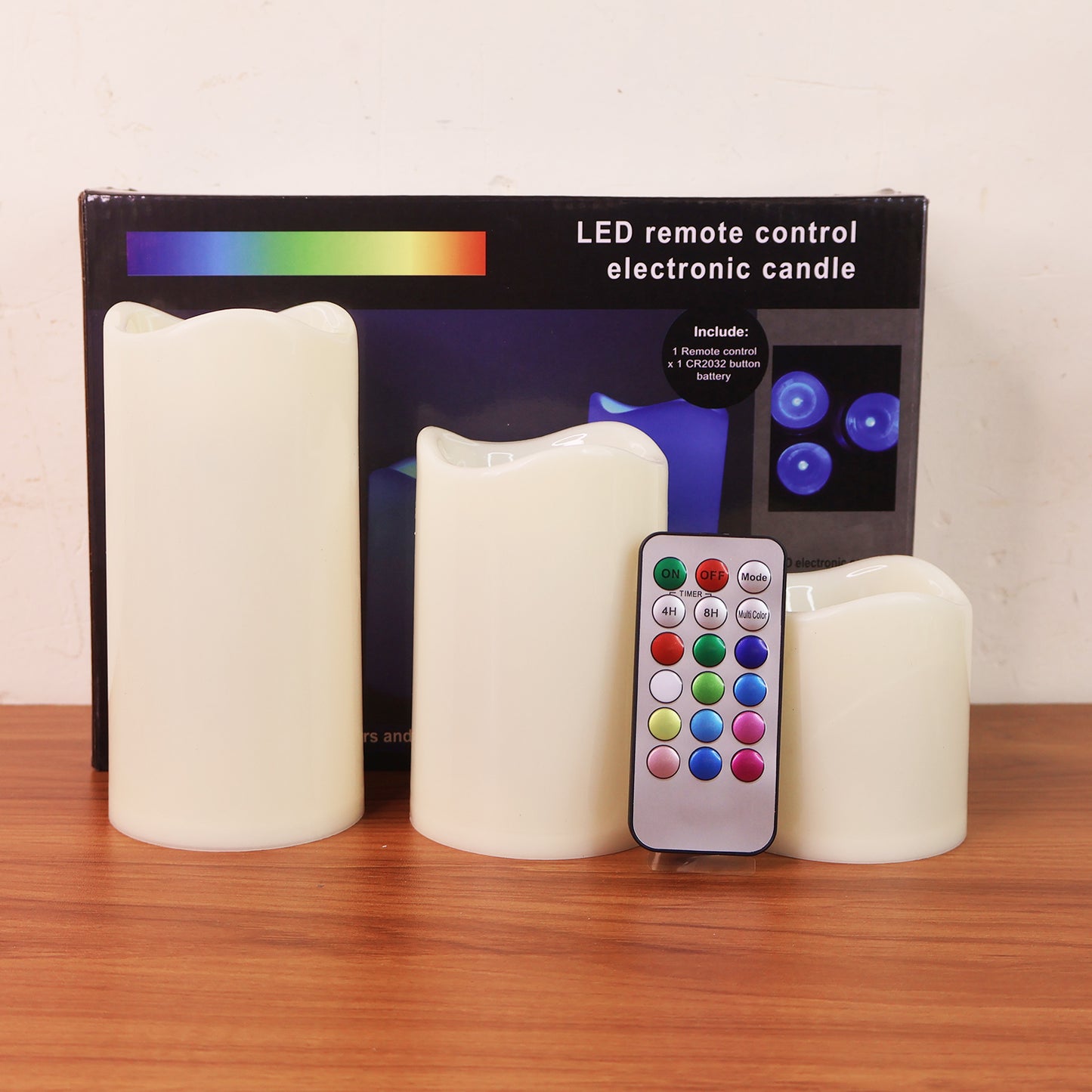 Wukusy premium 3-piece LED flameless candle set with remote control, showcasing warm glowing candles for home decor.