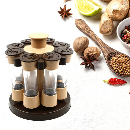 Wukusy 360° revolving spice rack with 8 120ml spice jars, ideal for kitchen and dining table condiment organization