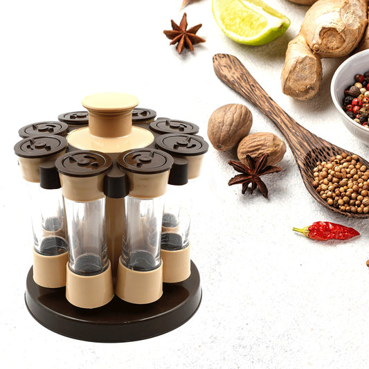 Wukusy 360° revolving spice rack with 8 120ml spice jars, ideal for kitchen and dining table condiment organization