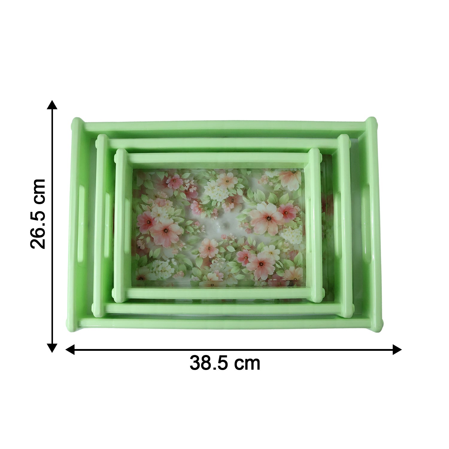 Set of three Wukusy Supermom floral printed multipurpose serving trays with colorful floral designs and sturdy handles.